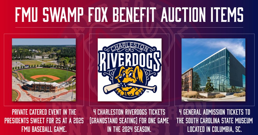 Don’t miss out ‼️ Check out our first three items! - A private catered event in the President’s Suite hosted at the FMU Baseball Complex - 4 Charleston Riverdogs tickets for one game of the 2024 season - 4 GA tickets to the South Carolina State Museum in Columbia, SC