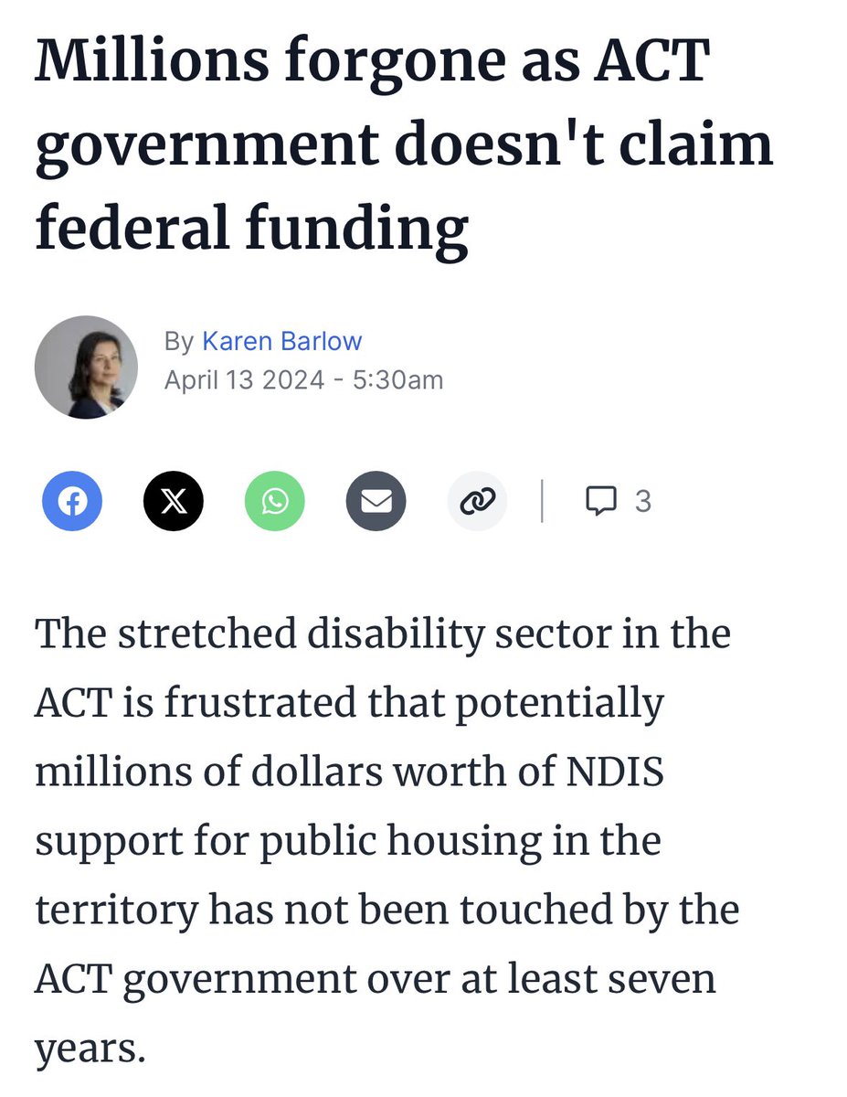 Despite being eligible for millions in federal funding since 2017, this Labor-Greens gov has not claimed a single dollar for some of the most vulnerable members of our community - those living with a disability who are in ACT Housing. This is a morally bankrupt government