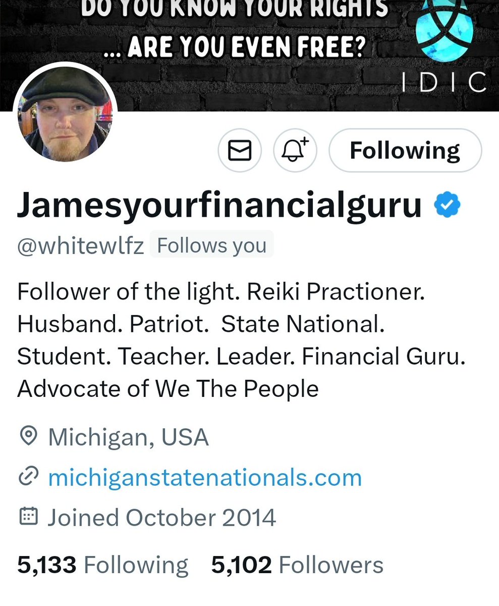 Make sure your following @whitewlfz an Amazing #Warrior who bring us all the information we NEED to know about #OurRights & what we can do to enact them. 

The financial information that James bring to the table is unmatched. He is the prime example of #WeAreThePeople…