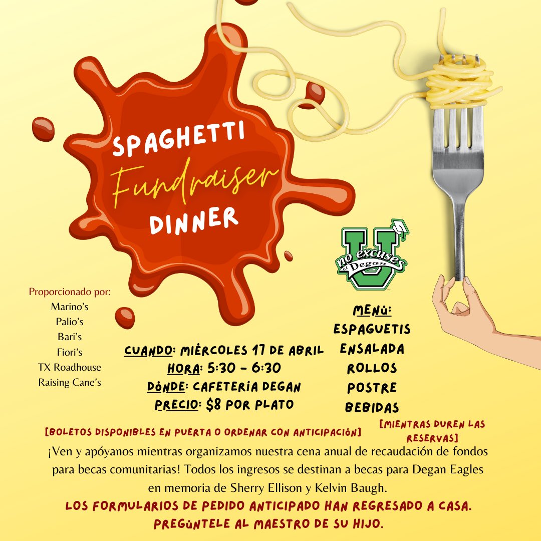 Please come out and join us to support our former Degan Eagles! This is a fundraiser that goes toward a scholarship for a graduating senior that went to Degan! Bring the whole family to eat some delicious food and support a great cause! 🍝 #wearedegan #YouBelongHere