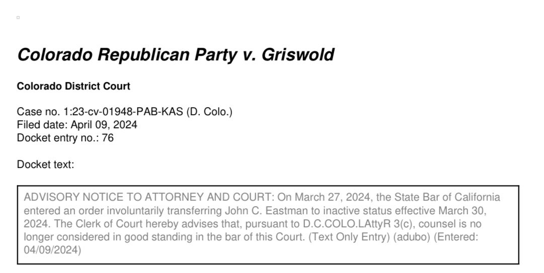 Colorado federal docket notes John Eastman is not in 'good standing' of the court after his law license was deactivated in California. Eastman is representing the Colorado GOP in a lawsuit trying to ban unaffiliated voters from the state’s primaries. 🔗:democracydocket.com/cases/colorado…