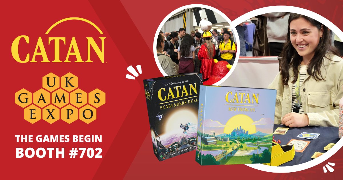 We are excited for this year's UK Games Expo May 31 - June 2! 🤩🇬🇧 Come to booth 1-702 to check out our newest titles and sign up to events and tournaments 👉 bit.ly/4aTHtx4 🎟️ #catan #settlersofcatan #ukge #uk