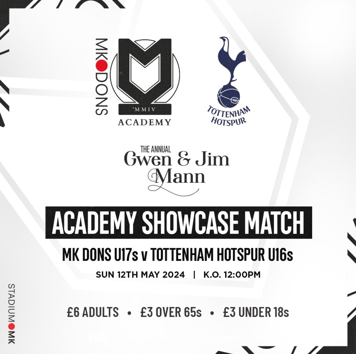 Sunday 12th May at 12:00pm @MKDonsFC Academy will take on Tottenham Hotspur in the annual Gwen & Jim Mann Academy showcase match at @Stadium_MK #Dons ⚽️