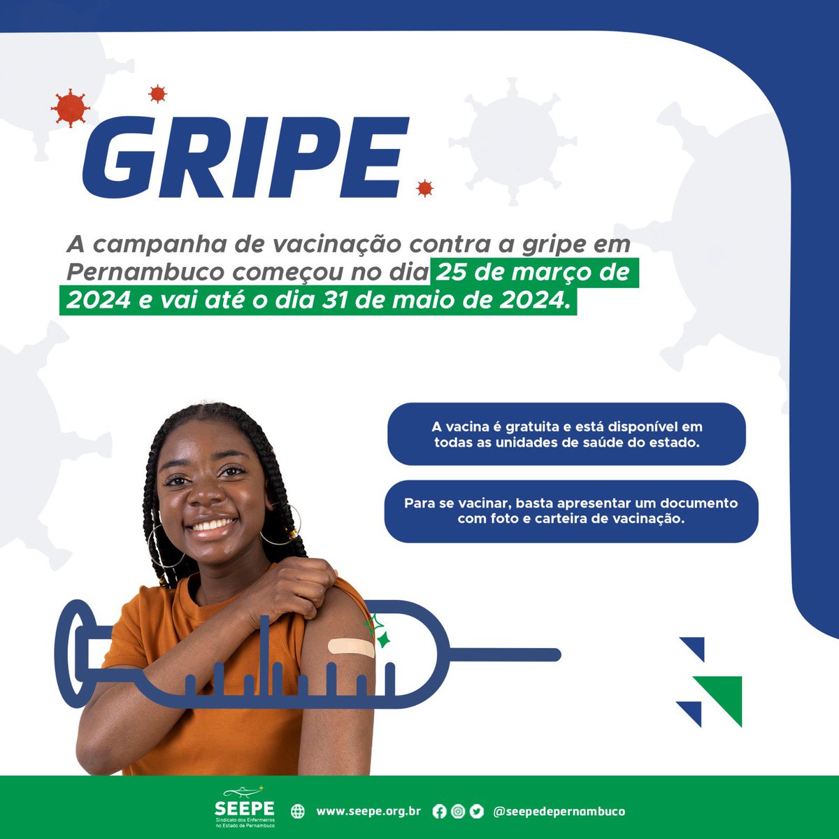 A campanha de vacinação da Influenza foi antecipada e está em vigor no SUS em Pernambuco até 31 de maio/24.

A enfermagem estará mais uma vez na linha de frente das imunizações, acolhendo e promovendo a proteção que tanto precisamos.

Vacine-se!
