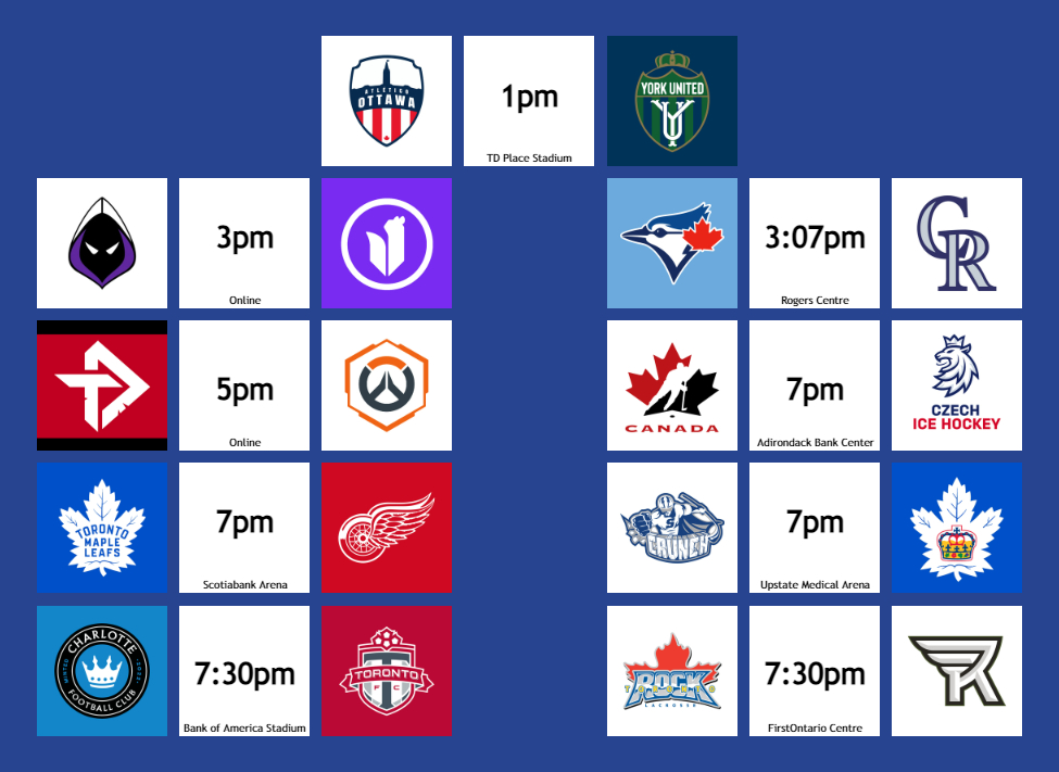 📅GAMEDAY📅

⚽️ @yorkutdfc & @TorontoFC 
🖥️ @TorontoUltra & @TorontoDefiant 
⚾️ @BlueJays 
🏒 @HockeyCanada, @MapleLeafs & @TorontoMarlies 
🥍 @TorontoRockLax 

#TorontoSports #WeAreUnited #SooUltra #TOTHECORE #TORWIN #WomensWorlds #LeafsForever #MarliesLive #TFCLive #RockCity