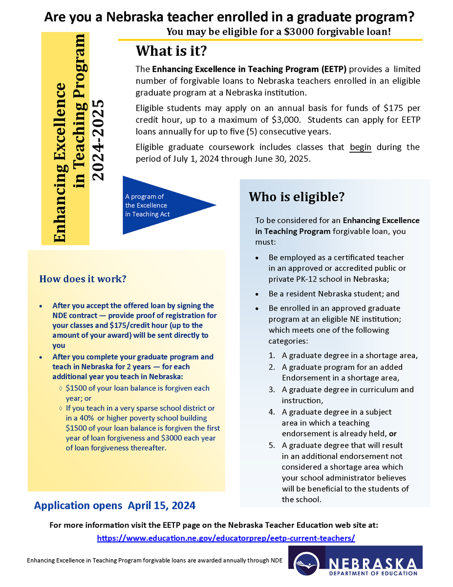 📢 Calling Nebraska educators! $800,000 available for Enhancing Excellence in Teaching Program (EETP). Apply from April 15 to May 17, 2024. Visit bit.ly/3JhSMna for details. Don't miss this chance to advance your education!