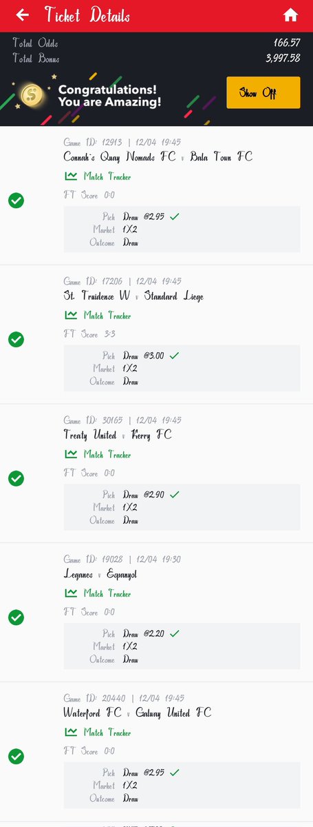 I also won 5/5 Live Bet 💪 😂😂😂 
166 odds 👜💥💥💥💚💚💚💃💃💃
Rebet of my 8/8 then I added 3 ongoing live games 💃💃💃