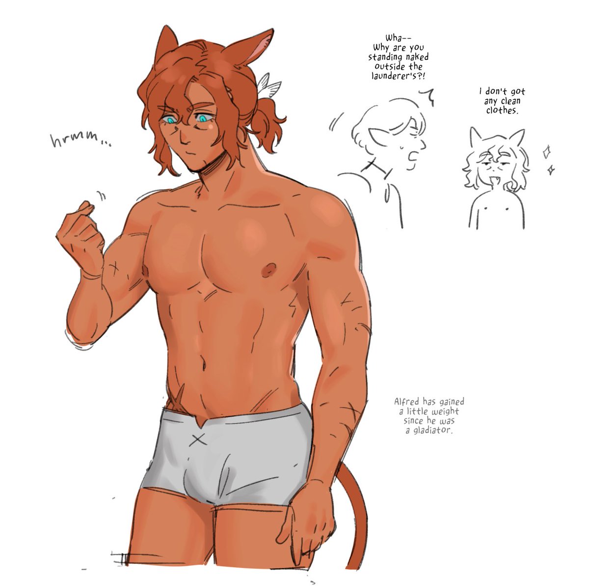 not my wol  (@ooowyn's boy) but i was looking at old art of alfred recently and being like hmm do i draw him a consistent size or not (still can't tell) 