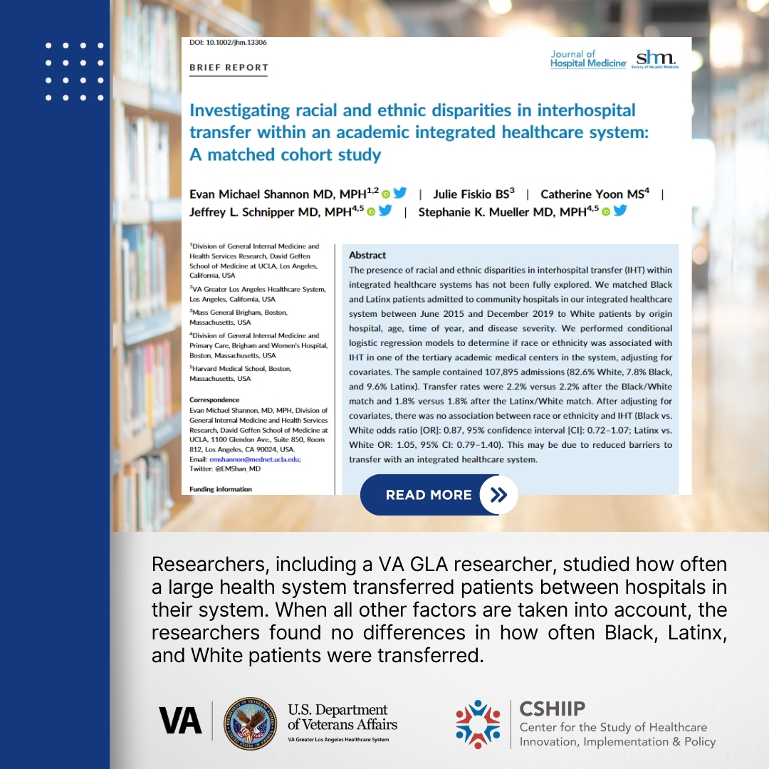 Researchers studied how often a large health system transferred patients between hospitals in their system. When all other factors are taken into account, researchers found no differences in how often Black, Latinx, & White patients were transferred. pubmed.ncbi.nlm.nih.gov/38411292/