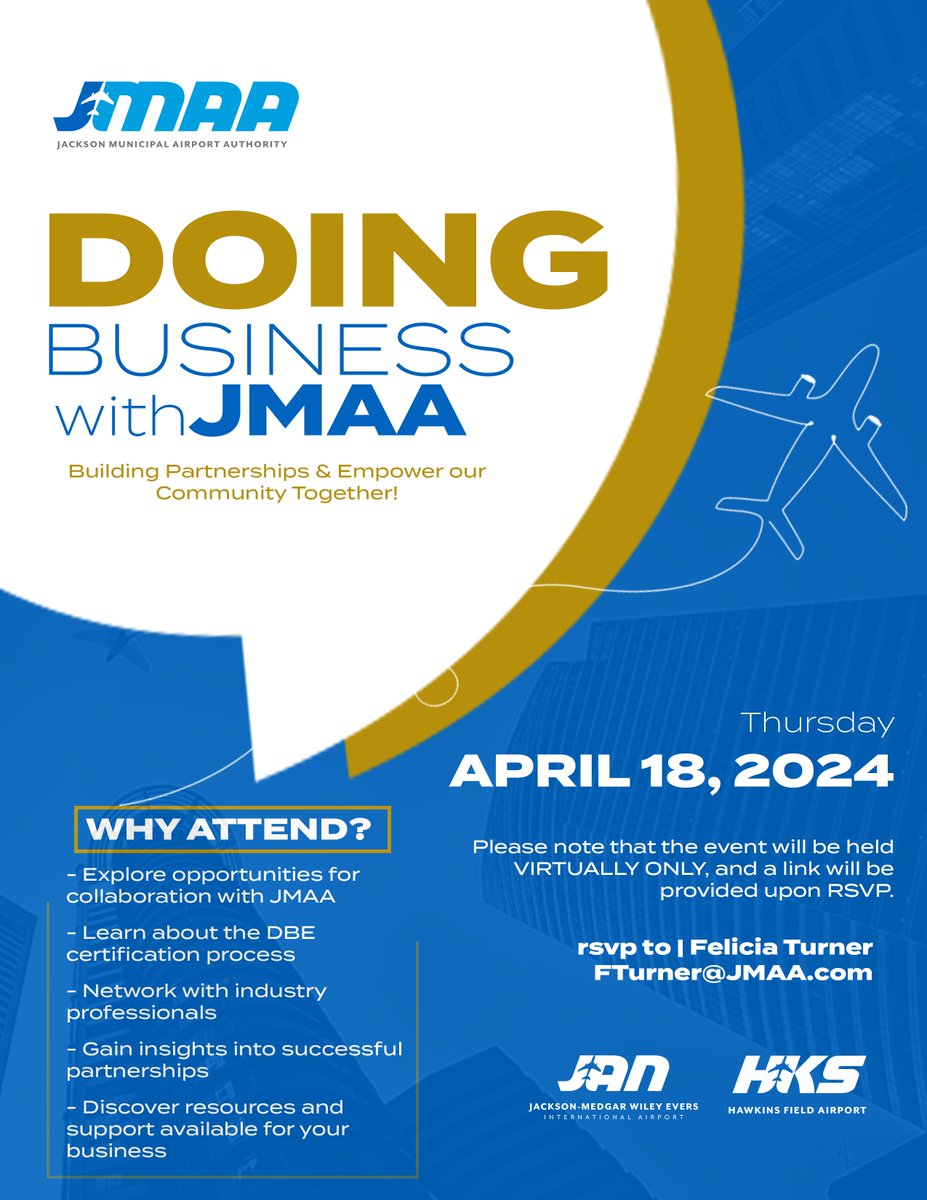 Are you ready to do business with JMAA? Join us for our virtual event on April 18th at 6:30 pm to learn how! RSVP to secure your spot and gain valuable insights into our processes and opportunities. Don't miss out! #DoingBusiness #Networking #JMAA ✈️💼