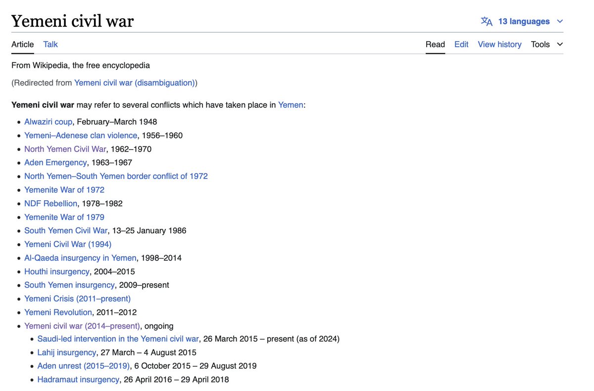 'Israel is the source of problems in the Middle East.' Wikipedia lists 16 coups and civil wars in *Yemen alone* since 1948, none of which involved Israel. I'm sure they'll say somehow the psychological damage of knowing Jews were in the region forced them to do this.