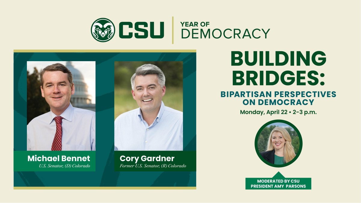 .@MichaelBennet and @CoryGardner are proof that people with different political beliefs can work together. They'll share their insights about bipartisanship and the state of #democracy during an April 22 event at #ColoradoState: col.st/0YatX