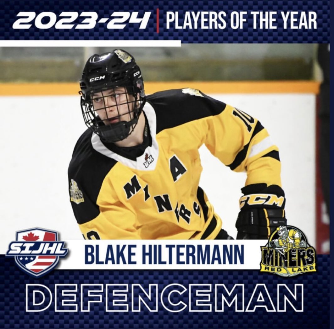 SIJHL DMAN OF THE YEAR | A big congratulations to Blake Hiltermann on being named the @SIJHL’s Dman of the Year. Attaboy, Blake! #MinerFamily | #TheHardWay⚫️⛏️🟡