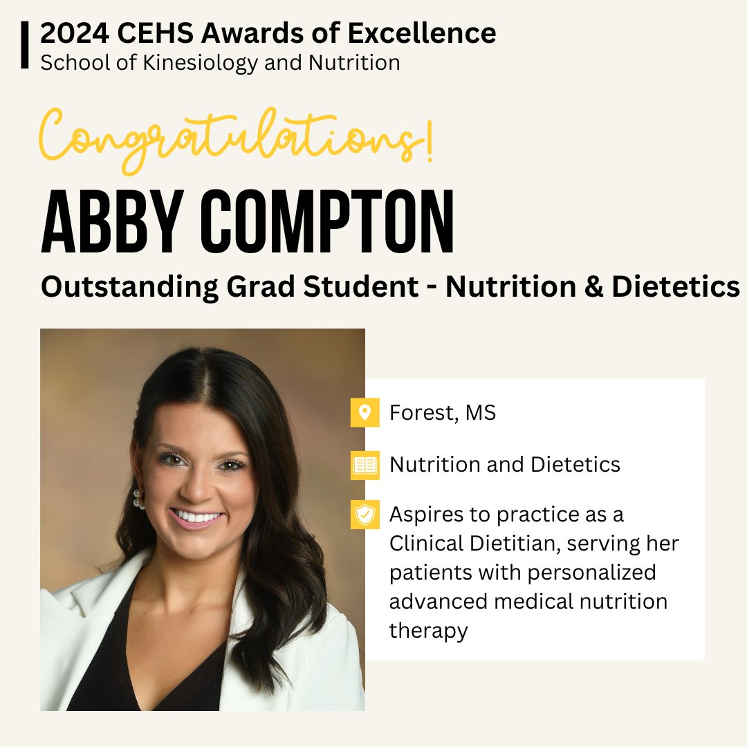 Congrats to Abby Compton, Outstanding Graduate Student in Nutrition and Dietetics for <a href="/SouthernMissSKN/">SouthernMissSKN</a>! 🎉👏🦅