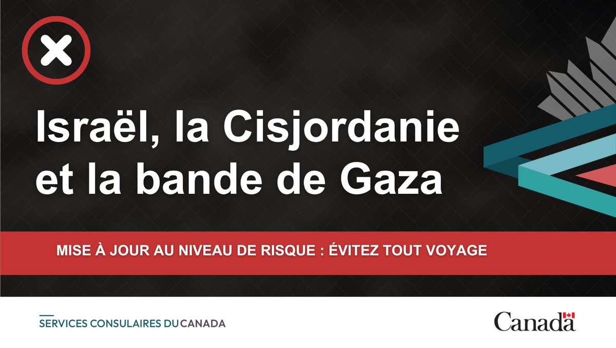 Nous avons changé le niveau de risque pour #Israël et la #Cisjordanie à « Évitez tout voyage ». Il existe un risque accru d'attaques sur le territoire israélien. Lisez nos conseils complets pour plus de détails: ow.ly/AGUn50Rfrqr