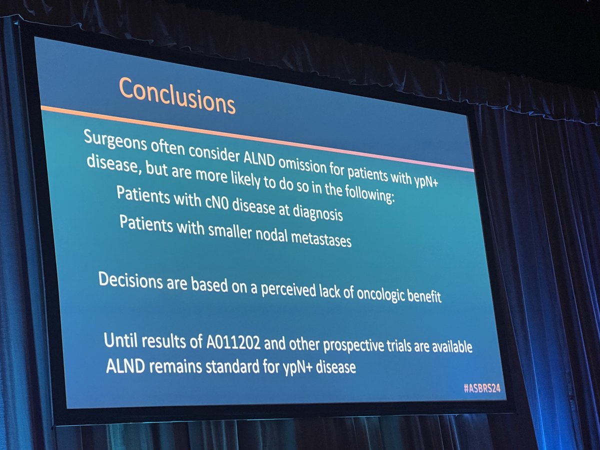 ⁦@AnnaWeissMD⁩ presents on ⁦@ASBrS⁩ survey result on axilla surgery of ypN+ 🔹ALND omission considered on cN0 and smaller nodal mets 🔹ALND reminds standard for ypN+ 🔹Awaiting A11202 result! #asbrs24 ⁦@ASBrS⁩