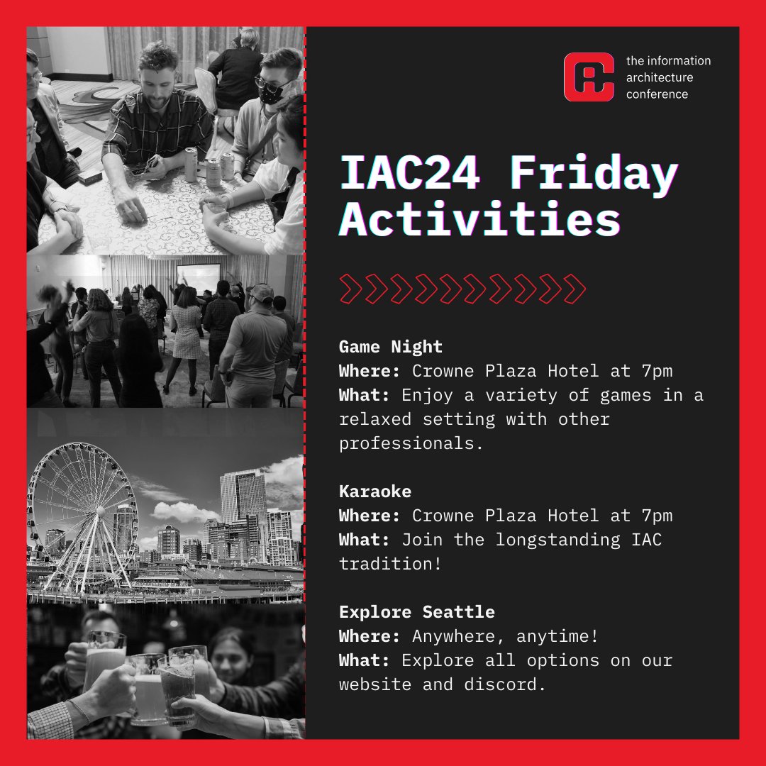 Explore our Friday activities at IAC24!  

Game Night is 7pm at Crowne Plaza Hotel. 

Karaoke is 7pm at Crowne Plaza Hotel. 

Opportunities to explore Seattle on your own or with company on our Discord. #IAC24