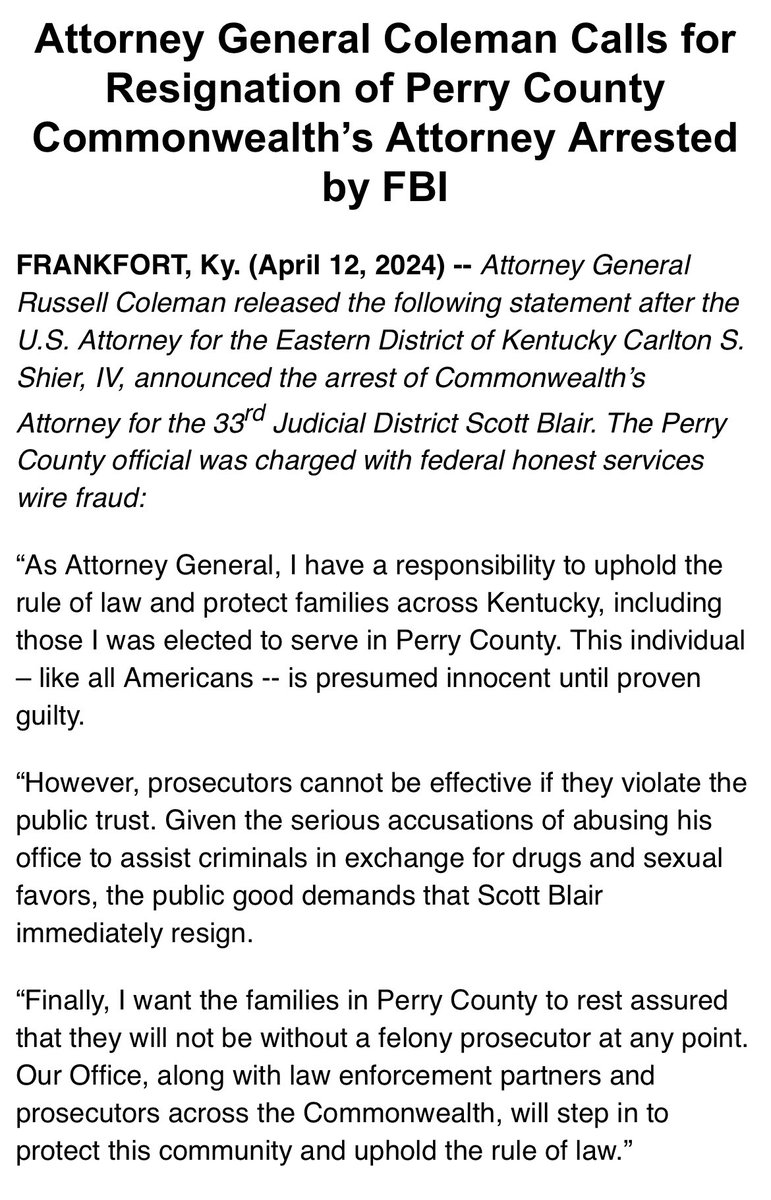 .@kyoag is calling for the Perry County commonwealth’s attorney to resign after he was charged with federal honest services wire fraud.