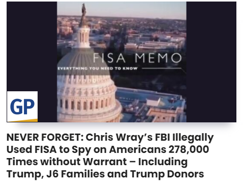 The House rejected an amendment from Rep. Andy Biggs (R-AZ) which would require a warrant to spy on Americans. The FBI illegally used FISA 278,000 times to spy on Americans including President Trump, Trump donors, and January 6 families. Republicans passed the FISA renewal…