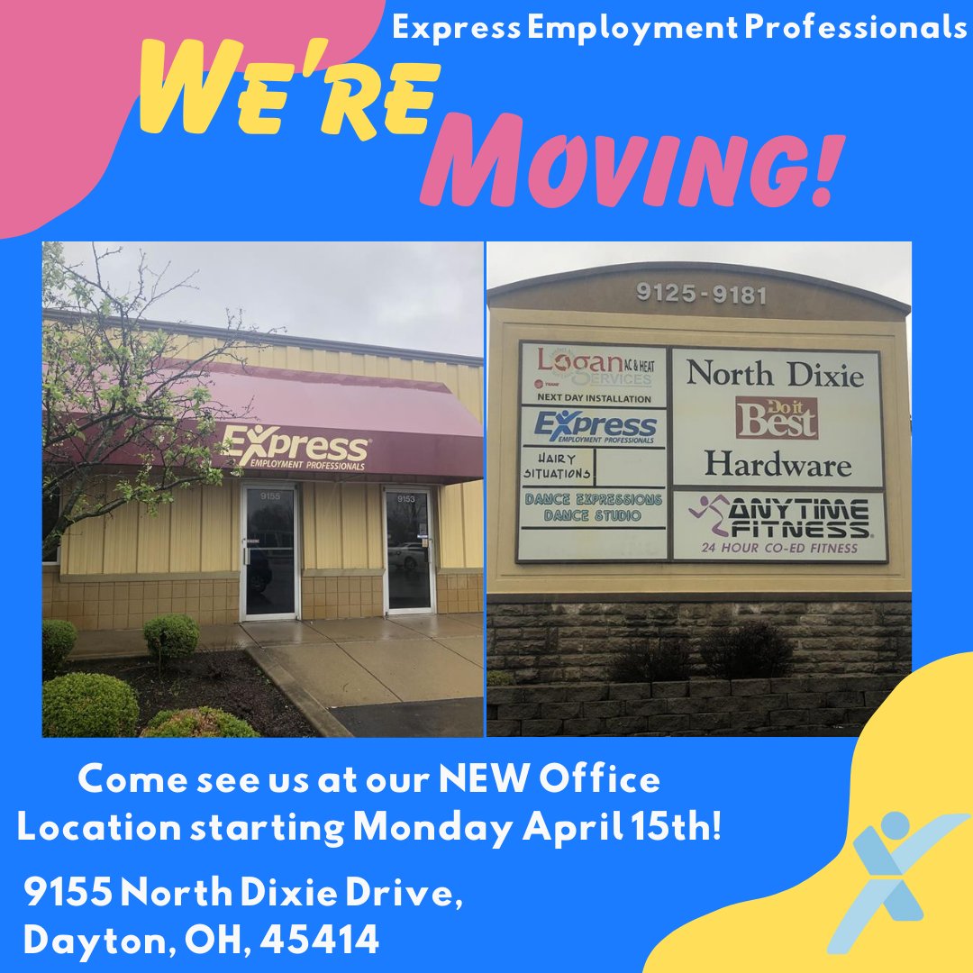 We're MOVING!! Come see us at our NEW location starting Next Week on Monday, April 5th! We can't wait to see you 😁💙
#express #nowhiring #Dayton #Ohio #jobsearch #job #career #work #hiring #moving #newoffice #fresh