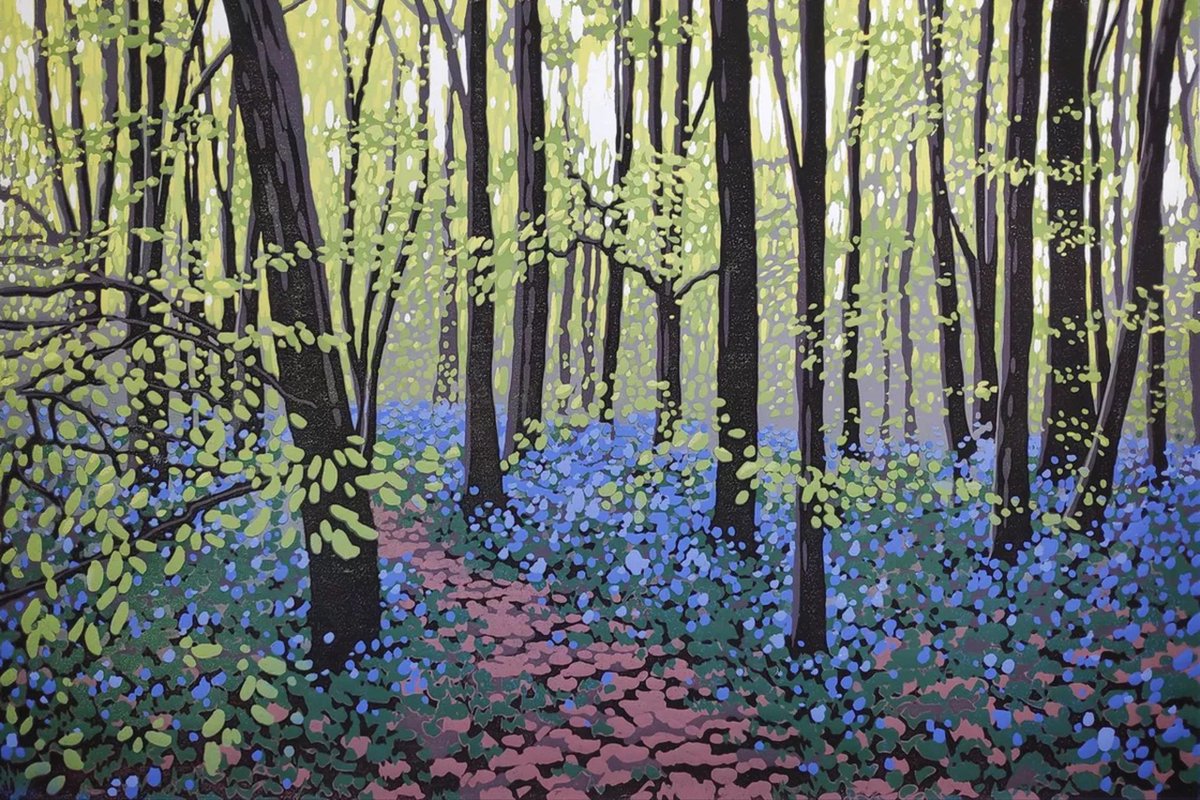 “Bluebell Symphony”
#Linocut [reduction method] by UK artist Alexandra Buckle 
[beech trees & bluebells]

‘I am inspired by countryside walks and the changes in weather and season upon the landscape.”~AB