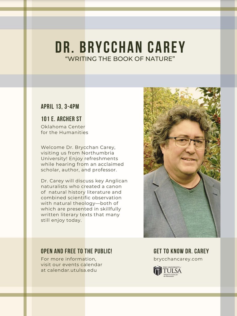 ✍️ Writing the Book of Nature 🍃 Join the English Graduate Student Association in welcoming Dr. Brycchan Carey to TU! The public is invited to enjoy coffee, snacks, and this keynote address from an acclaimed scholar, author, and professor. Details: bit.ly/3Ui8mFL