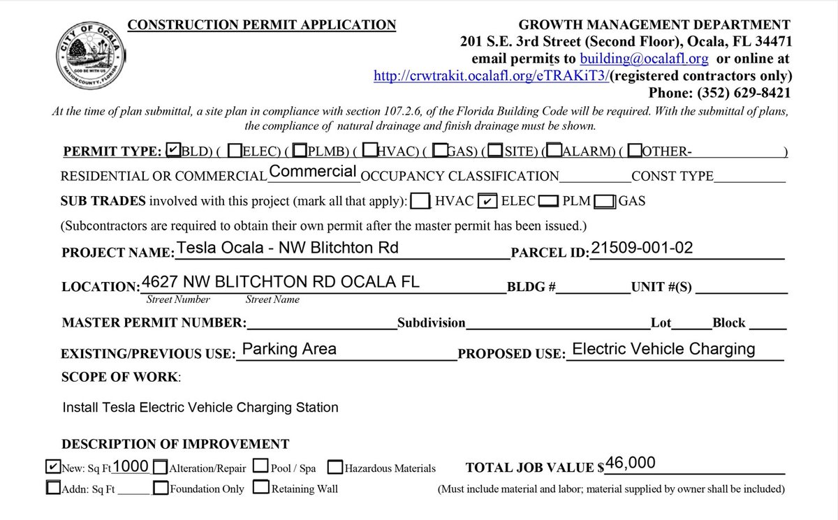 A third Supercharger is coming soon to Ocala, Florida!! Permits have been filed for a new site at the future Staybridge Suites hotel on NW Blitchton Rd.