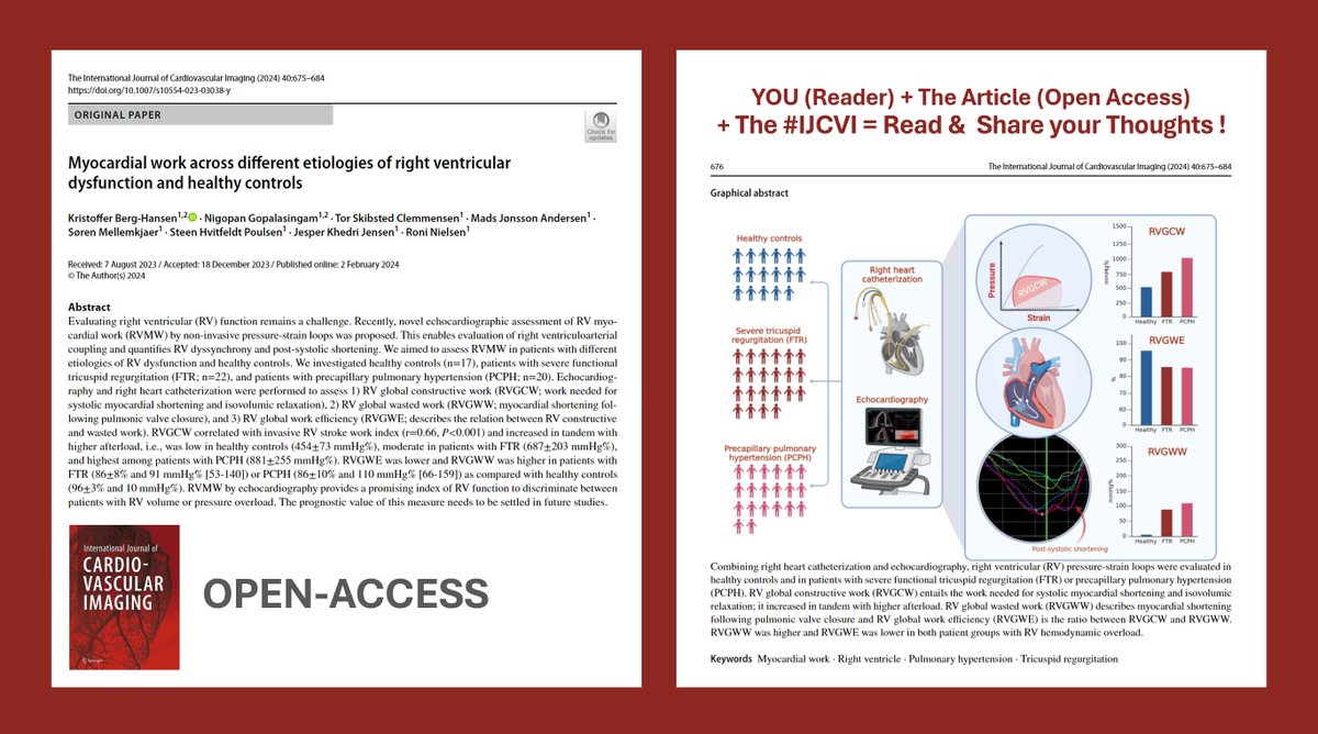 🇩🇰 @KrisBergHansen & team highlight🫀#EchoFirst myocardial work as a potential #CVimaging marker of the #RV pressure/volume overload 🔎 & encourage future research on its prognostic value🌐 #OpenAccess - Read & Share: link.springer.com/article/10.100… 🌟Congratulations @KrisBergHansen