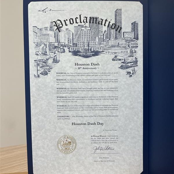 Today has been proclaimed @HoustonDash Day in @HoustonTX! Please help us congratulate and celebrate the incredible women's soccer team on its 10th anniversary of the team's first game. ⚽️#HoustonDash 🧡