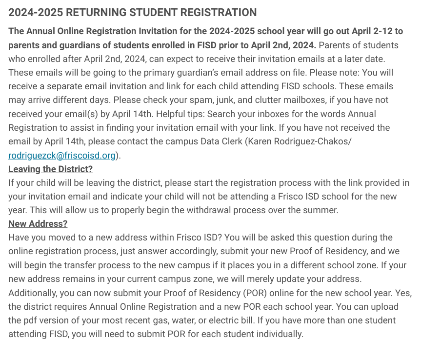 Are you going to be a Returning Raccoon?!  

Be sure your parents have completed the annual online registration process!  Check your spam/junk/clutter folders.  You'll submit your proof of residency in the summer.  See our newsletter for more details:  smore.com/n/m83t2