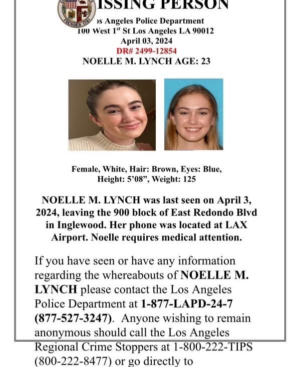 Please help find Noelle Lynch, she’s been missing for almost a week. Her family is doing everything they can to locate her. If anyone has seen Noelle or has any information regarding her whereabouts, please contact the LAPD. <a href="/LAPDHQ/">LAPD HQ</a> <a href="/KendallRaeOnYT/">Kendall Rae</a> <a href="/MileHigherPod/">Mile Higher Podcast</a> <a href="/latimes/">Los Angeles Times</a>