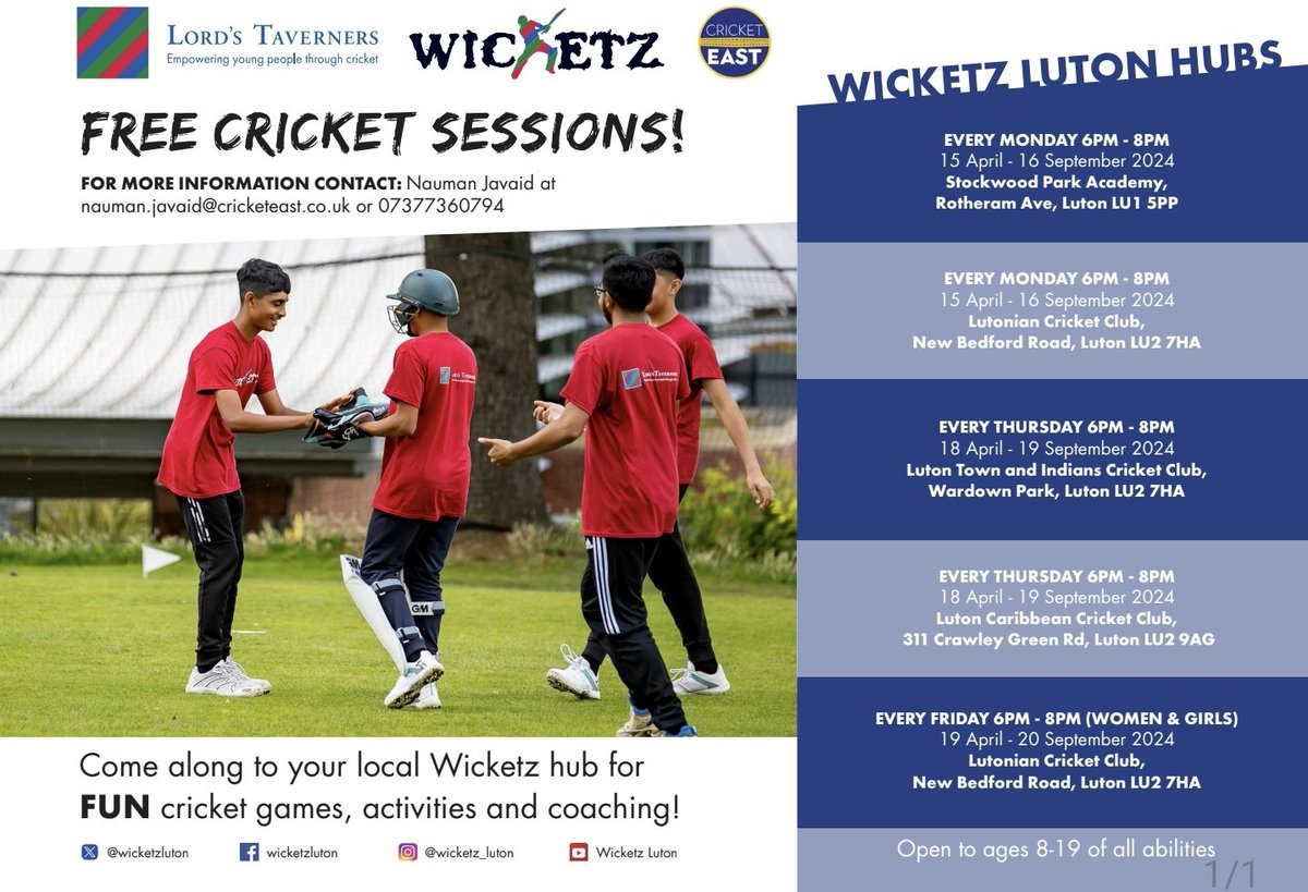 Introducing our new outdoor timetable. Please get in touch for more information. @Cricket_East @LordsTaverners @NaumanJavaid8 @YaqubHanif @MrMayPhysEd @ChilternLT @ChallneyBoys @TimLuckhurst1 @mdcurtin @Headband_Dan @LutonSixthForm @DenbighHigh @EmpoweringE @LutonFoodbank