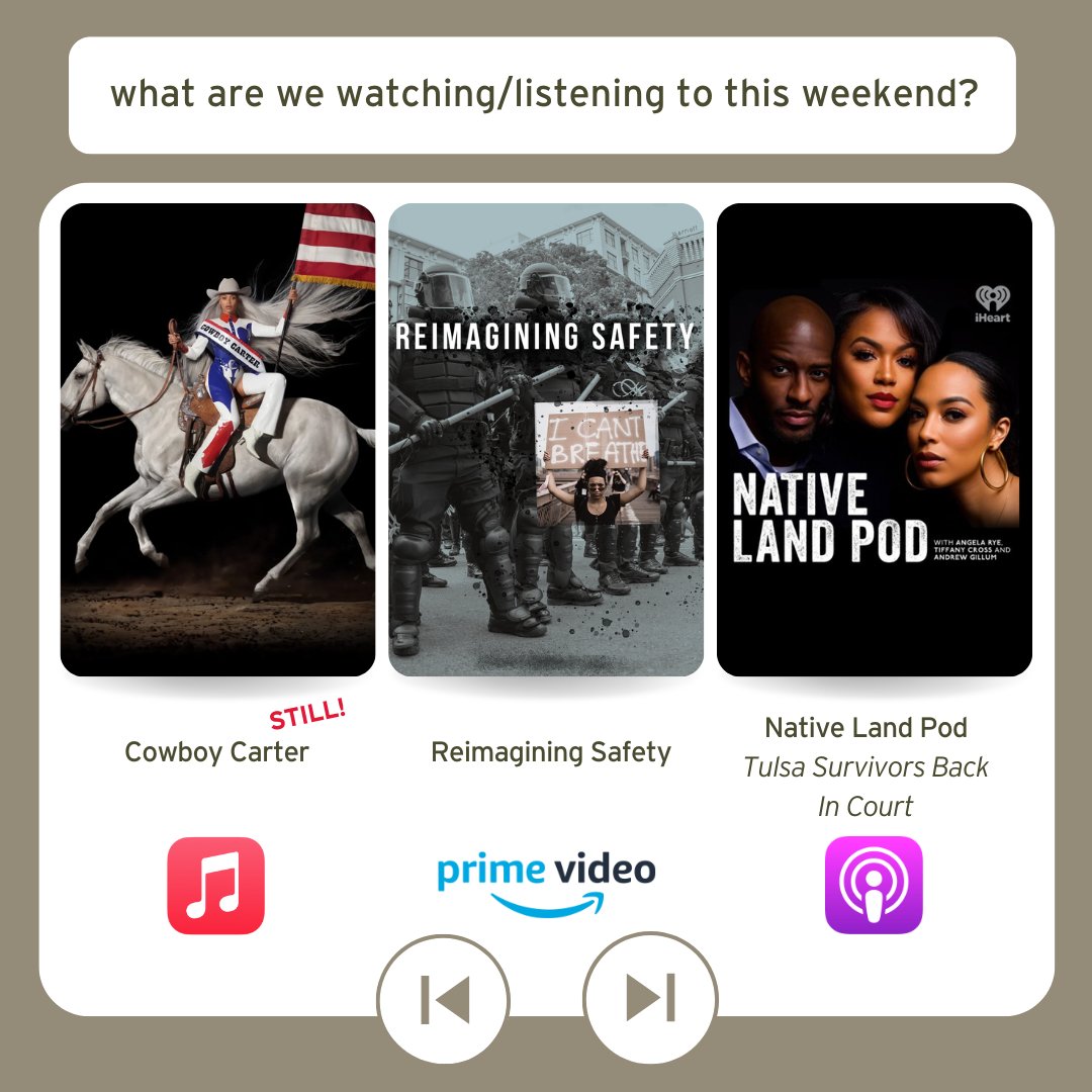 What's on our watch/listen list this weekend? 📺 Beyonce's new album, Cowboy Carter, Prime Video's Reimagining Safety, and the Tulsa Survivors episode of the Native Land podcast. Plus, check out our staff review of Reimagining Safety: ejusa.org/reinvest-in-co…