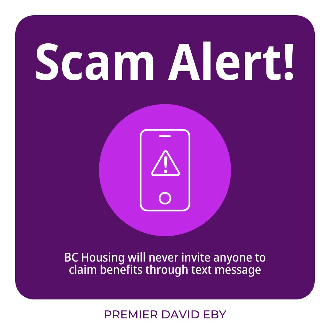 Please stay alert. Scammers are targeting BC seniors with fraudulent text messages. This week, we increased supports for low-income senior renters through the Shelter Aid for Elderly Renters program. Now criminals are trying to manipulate seniors & steal from them. (1/3)