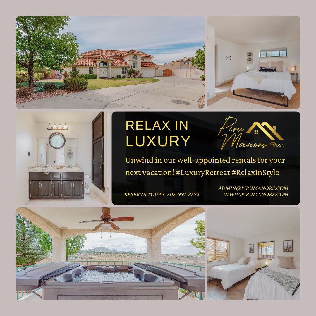 🛋️ Unwind in our well-appointed rentals for your next vacation! #LuxuryRetreat #RelaxInStyle

Book Your Stay at ow.ly/qwUY50Rf7NL
Call/Text:  505.991.8752
Email: Admin@PIRUMANORS.com