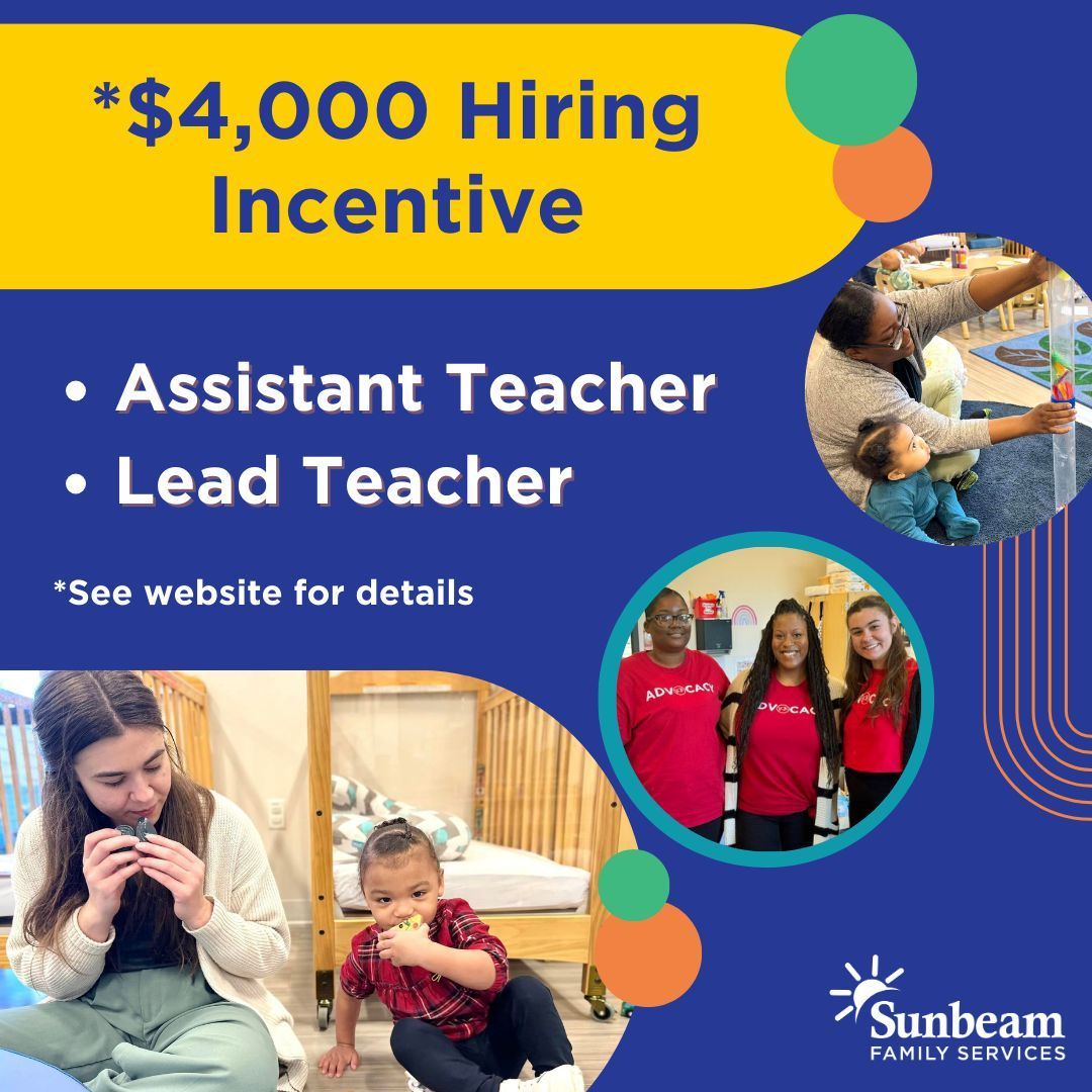 🍎💼 Join the Sunbeam Family! 🌞✨ Calling all passionate educators! We are offering a $4,000 hiring incentive for teachers! Join our rewarding culture and make a lasting impact in the lives of children and families. Apply now!