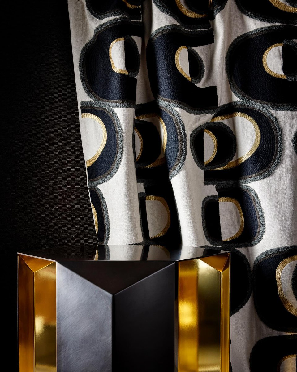 Introducing Shapley. 

The embroidered abstract forms, delicately strung on wire, evoke a sense of movement akin to kinetic sculpture. Enhanced by varied stitch techniques and metallic touches, its modern art brought to life. 

Donghia IV.