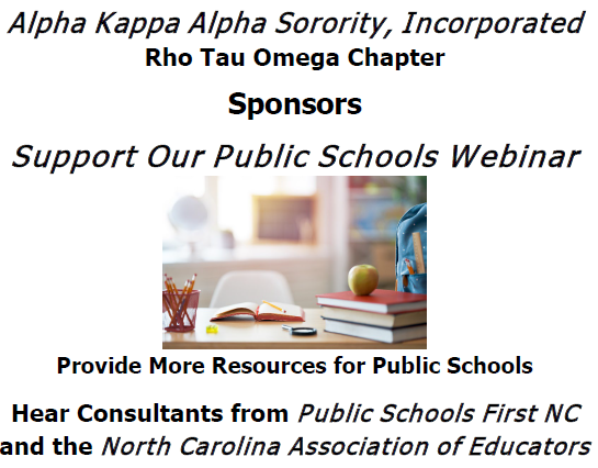 Monday, April 15 at 7:00 p.m. Join Alpha Kappa Alpha Sorority, Incorporated, Rho Tau Omega Chapter for their webinar: Support Our Public Schools w/ PSFNC and Tamika Walker Kelly, Pres, NCAE This informative event is open to the public! #ncpublicschools ow.ly/7Ima50Rfoht