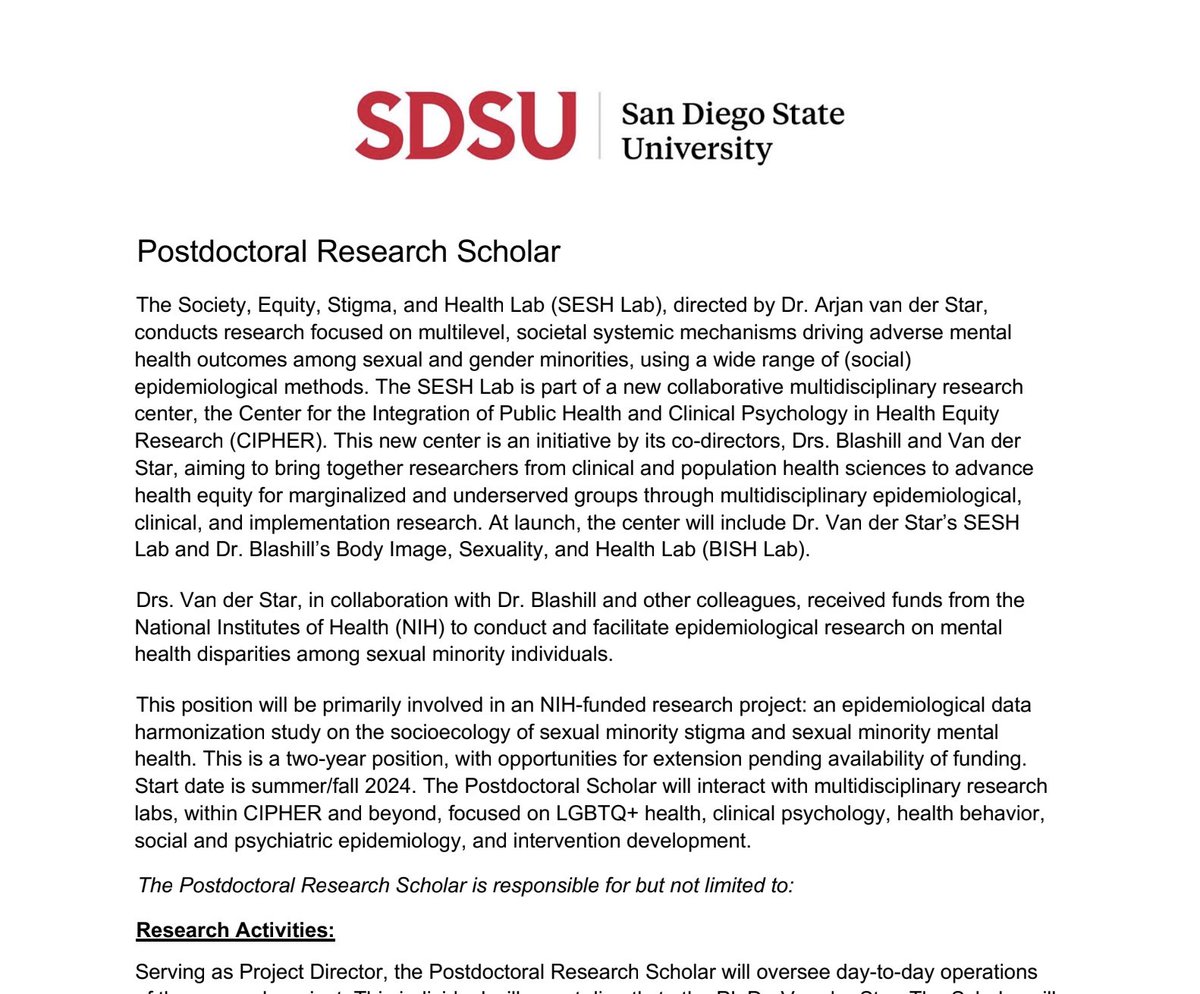 JOB OPPORTUNITY. I am recruiting a new postdoc for a R01 project. The postdoc will serve as the project director for a data harmonization project that focuses on sexual (and gender) minority mental health, will have opportunities to contribute to ongoing studies, and (1/2)