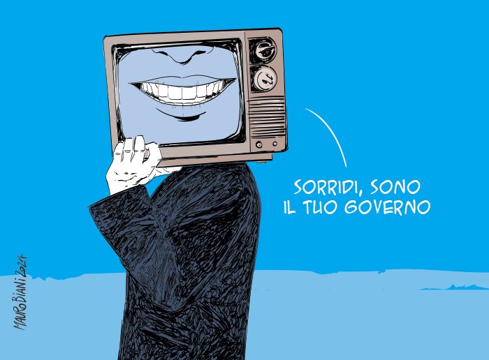 'Sorridi, sono il tuo Governo'

Immenso👏
#Biani !❣️

'Par condicio' ciao.
#Rai
#IstitutoLuce

La #destra è ovunque.
Querela e minaccia il carcere per i #giornalisti e si prepara a cambiare la #Costituzione.🤬

La #democrazia?
L'Ungheria ė qui.
#Minculpop

@maurobiani
@repubblica