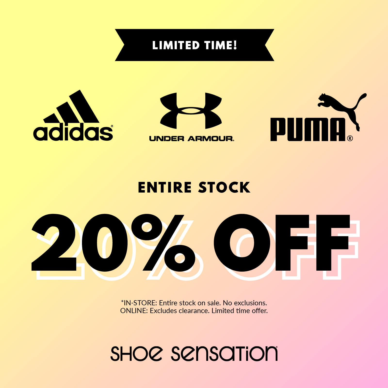 Shoe Sensation on X Limited time offer Get 20 off Adidas Puma and Under Armour. Shop now https t d0E5FQNX3a https t aZXey4CW9i X