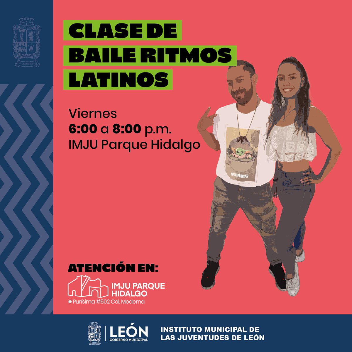 ¡Únete a nuestras clases y aprende a bailar #RitmosLatinos, despierta tu energía con este autentico flow! 🎶 💃 🌟 Te esperamos todos los viernes, de 6:00 p.m. a 8:00 p.m. 🕺 📍 IMJU Parque Hidalgo. ¡No te lo pierdas!