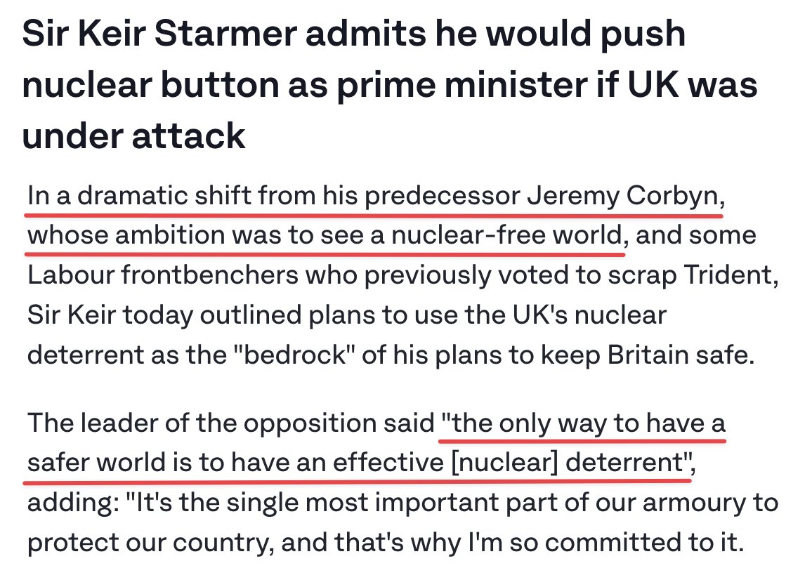 Starmer confirms he's just as enthusiastic about nuclear apocalypse as any Tory, and he certainly doesn't associate with smelly peace-loving hippies who oppose the use of nuclear weapons.