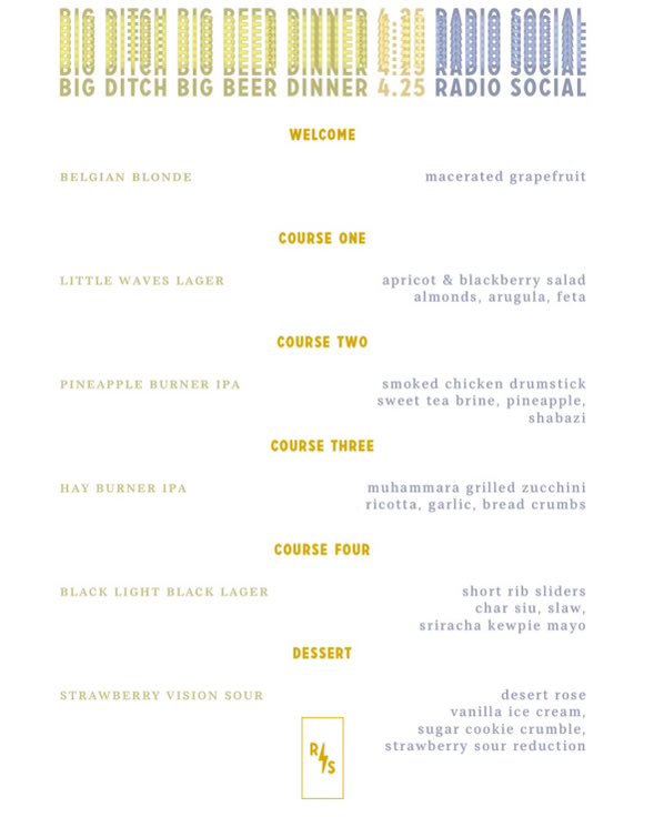 two of my all-time favorites — @bigditchbrewing and @radiosocialroc — are teaming up for a dreamy beer dinner later this month. just look at this batty menu. it’ll surely be excellent. Details: exploretock.com/radio-social/e…