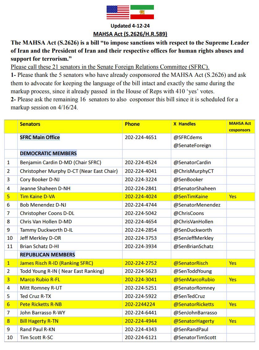 Dear friends and activists please call all members of the SFRC committee and ask them to maintain the language of the #MAHSAAct S.2626 exactly the same and unaltered during the markup hearing on 4/16/24. We do NOT want any amendments that will weaken or dilute the language of…