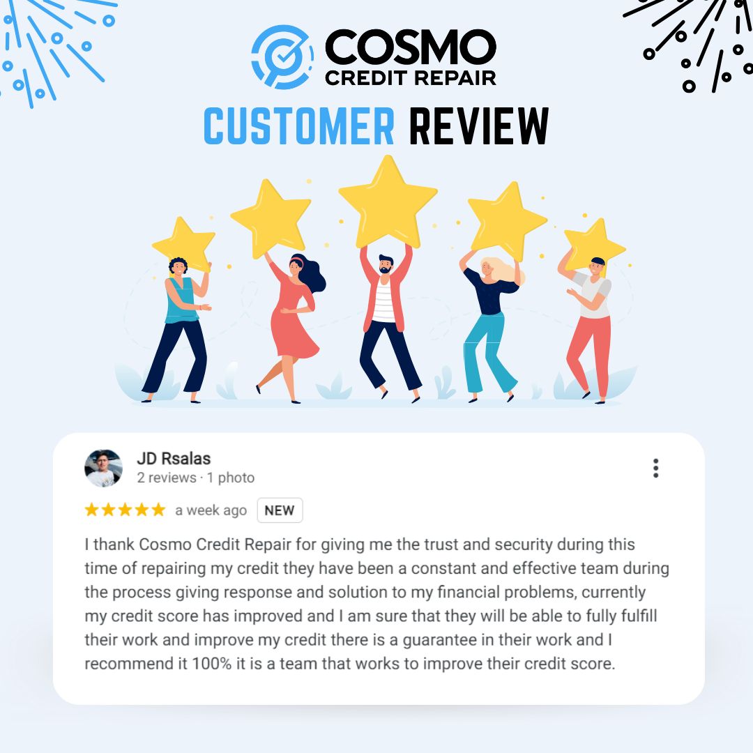 A glowing review that made our day! 🌟 Thanks, JD, for sharing your credit repair journey. Onward and upward! 🚀 #CustomerFeedback #CreditRepair #SuccessStory #CosmoCredit