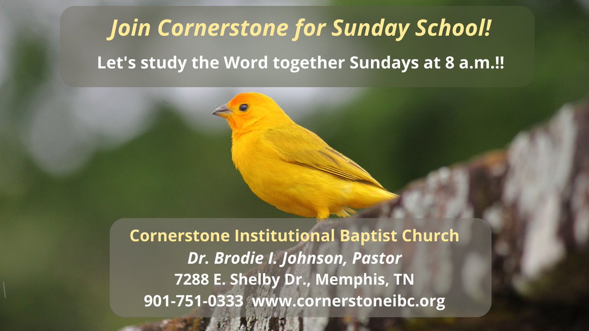 You're invited to @Cornerstone_IBC for #SundaySchool! Join us Sundays at 8 a.m. to study the Word, followed by 9 a.m. Worship Service.