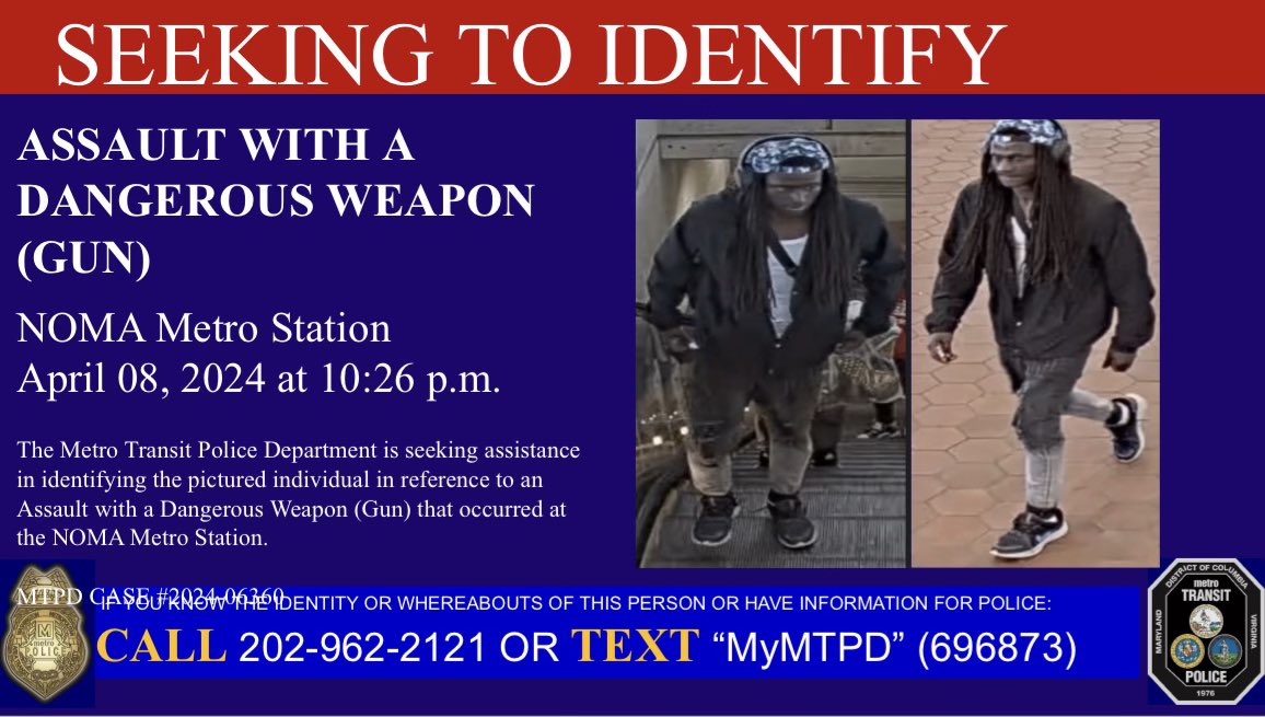 Metro Transit Police need your help identifying this person in relation to an assault at NOMA station on 4/8. MTPD uses clear images from our network of more than 30k cameras system-wide to close cases & keep customers safe. Contact us: text MYMTPD or dial (202) 962-2121. #wmata