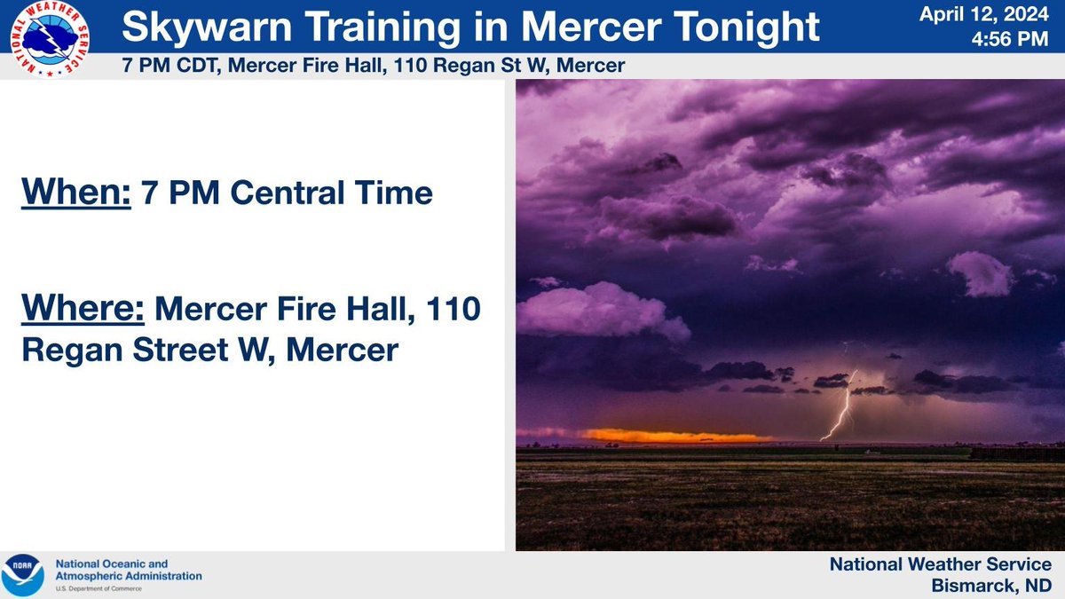 We have our SKYWARN training for Mercer tonight, so if you are in the area feel free to drop by. The training will start at 7 PM Central time and the event will be held at the Mercer Fire Hall, 110 Regan Street W, Mercer ND. #ndwx