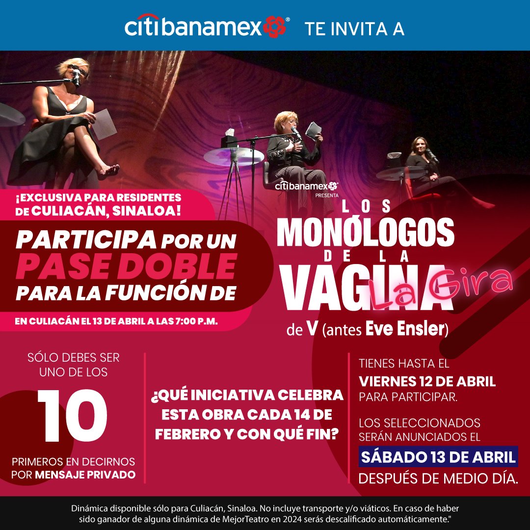 ¿Eres de Culiacán, Sinaloa? Participa ya en esta sencilla dinámica y disfruta de @MonologosVagMex en el Auditorio Mia a las 7:00 p.m. ¡El tiempo corre 💋!

🔥 ¡Participa y acompáñanos!
💙 #ExperienciasCitibanamex
🏦 @Citibanamex
🎭 #MejorTeatro